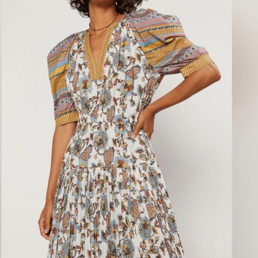 Current Air The Railyn Split Neck Midi Dress Size Large Puff Sleeves